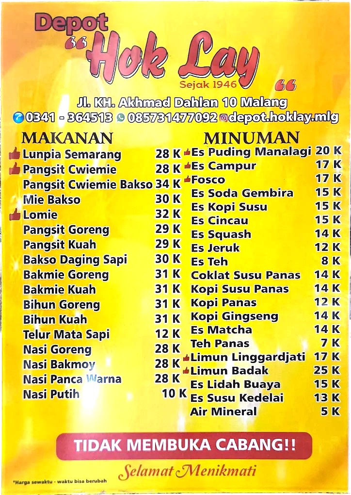menu cemilan dan minuman depot hoklay malang