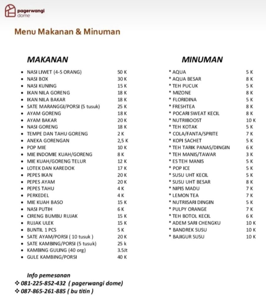 Harga makanan di Warung Pagerwangi Dome